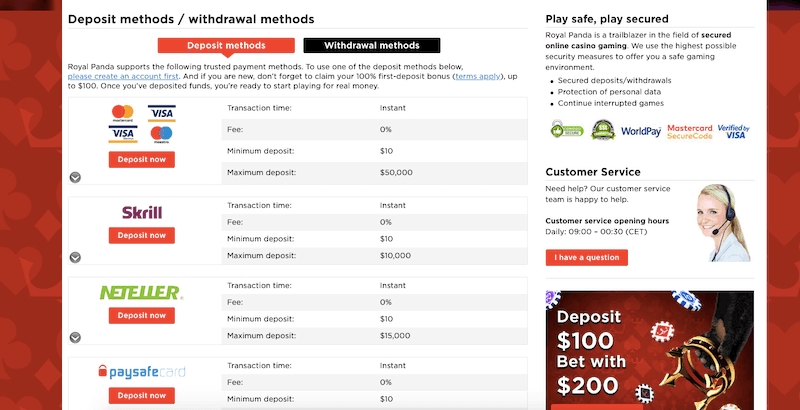 screenshot of the deposit methods at royal panda Casino