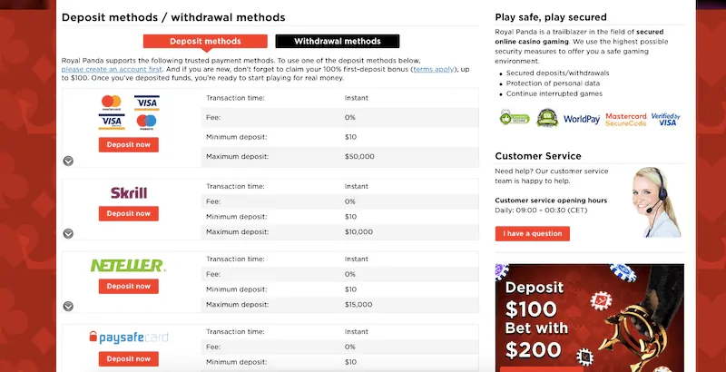 screenshot of the deposit methods at royal panda Casino