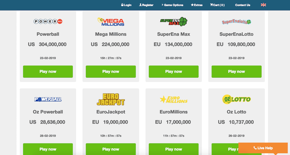 screenshot of the casino games at playhugelottos