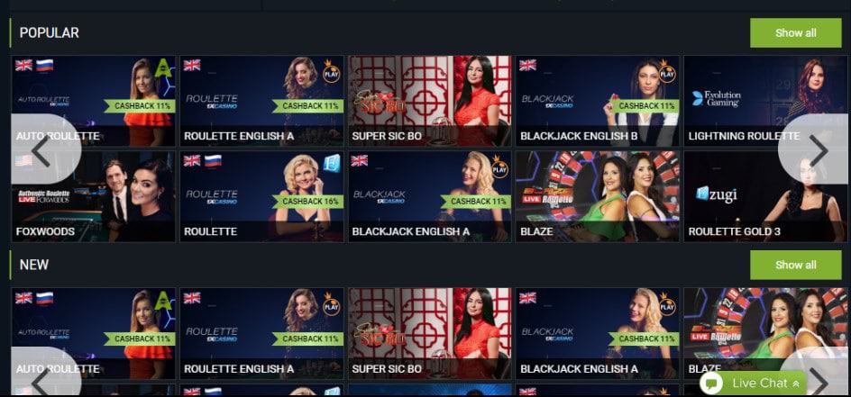 screenshot of the live casino games at 1xbet