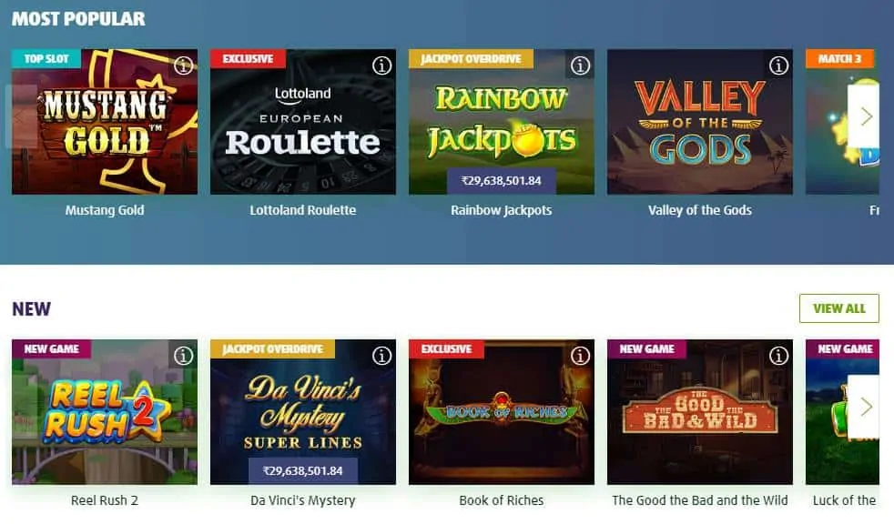 screenshot of the games lobby at lottoland Casino