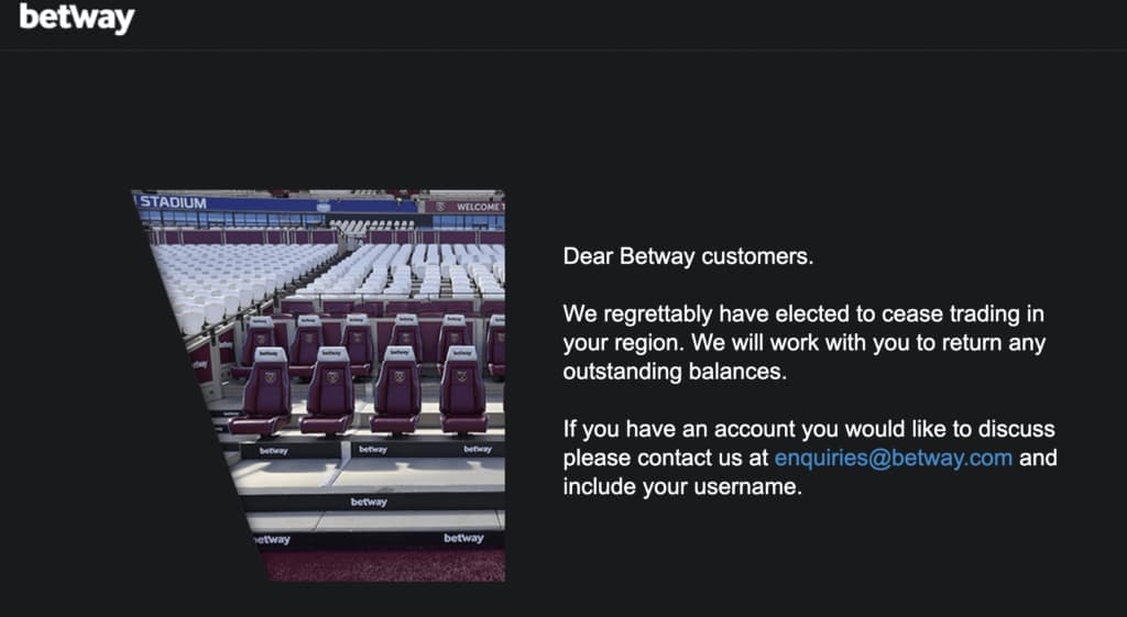 screenshot of Betway's website showing information that they have stopped operating in India.