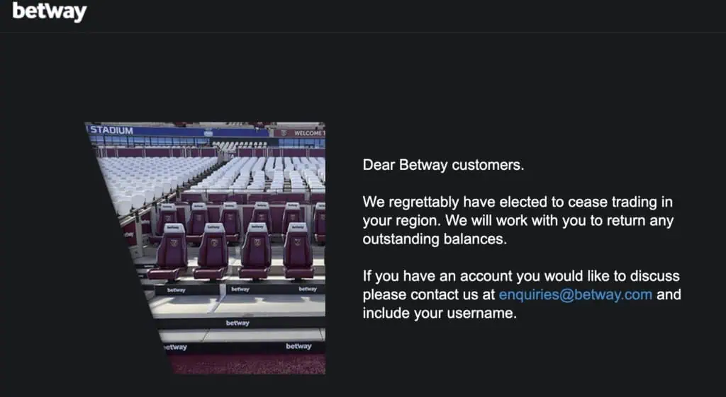 screenshot of Betway's website showing information that they have stopped operating in India.