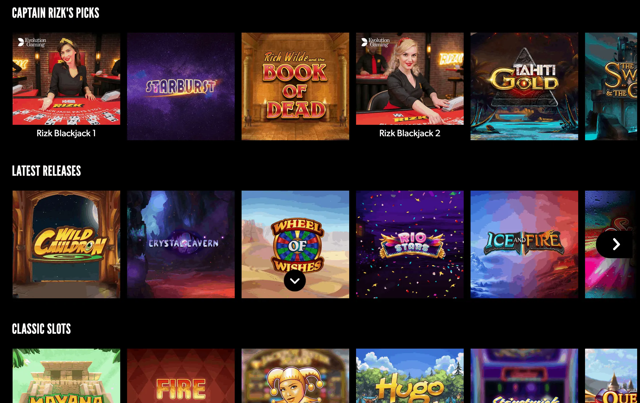 screenshot of the slot game lobby at Rizk