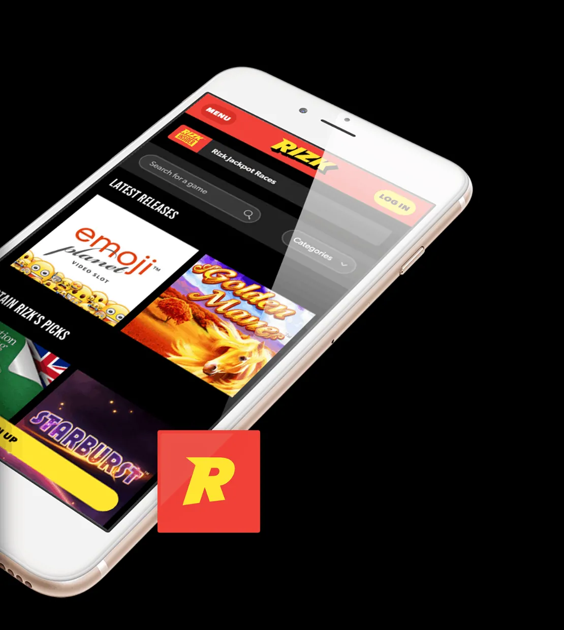 screenshot of mobile app at Rizk Casino