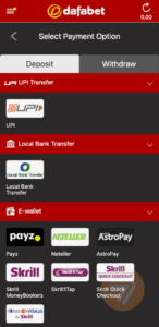 dafabet cashier view from mobile