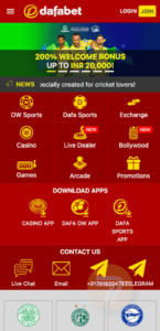 home screen of Dafabet casino seen from a mobile device