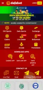 home screen of Dafabet casino seen from a mobile device