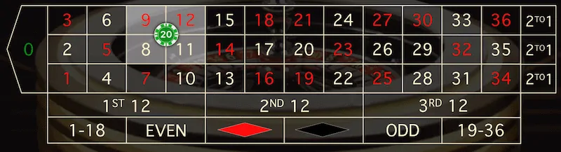 roulette betting interface with a bet placed on a corner.