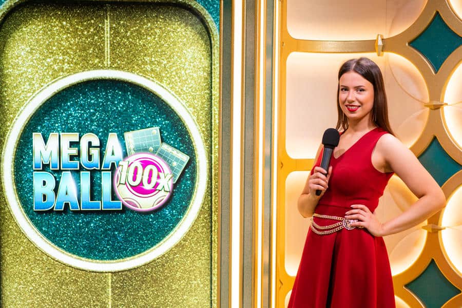 mega ball game show host and the mega ball logo.