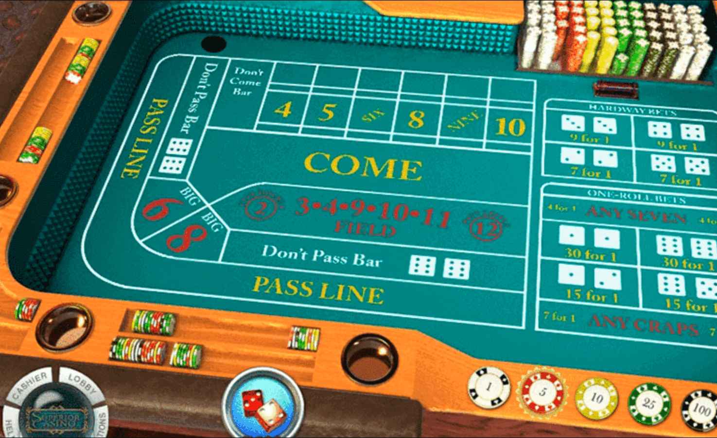 screenshot showing a craps table felt betting options