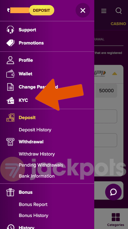 screenshot of side menu showing KYC section