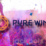 Pure Win casino's logo on a background of people celebrating the Holi festival, throwing purple and red colored powder in the air.