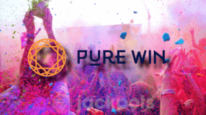 Pure Win casino's logo on a background of people celebrating the Holi festival, throwing purple and red colored powder in the air.