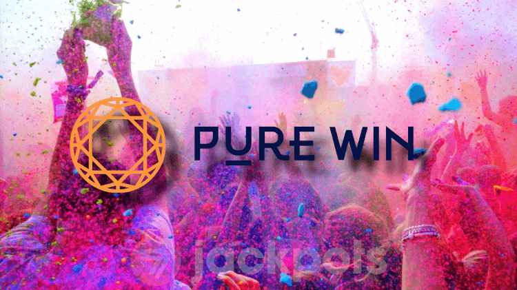 Pure Win casino's logo on a background of people celebrating the Holi festival, throwing purple and red colored powder in the air.