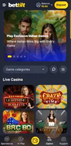 bettilt's live casino lobby on mobile