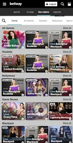 Betway mobile live casino lobby