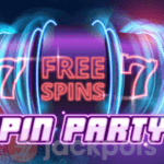illustration of neon slot reels with the text "free spins" and "spin party".