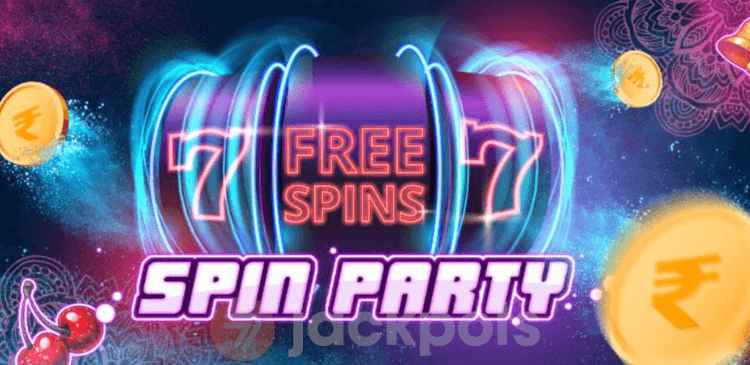 illustration of neon slot reels with the text "free spins" and "spin party".