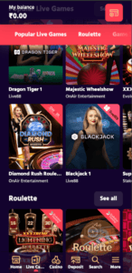 the live casino lobby of mobile version of big boost casino