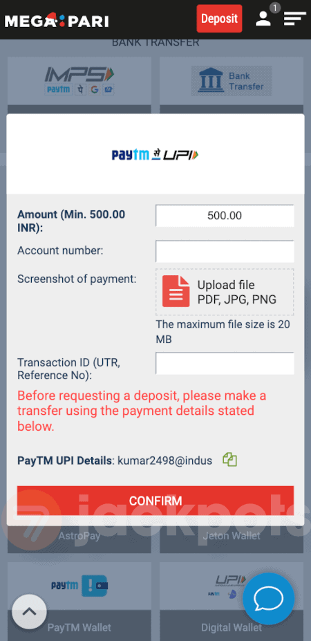 screenshot how to deposit step 3