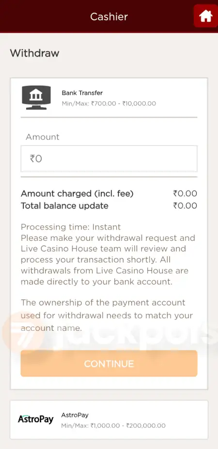 screenshot how to withdraw step 3 - Live Casino House India Review - Welcome Bonus up to ₹7,600