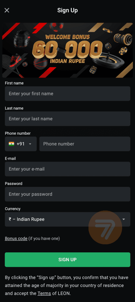 screenshot how to sign up step 2 - Leon.bet Casino Review - Indian Real Money Fun!