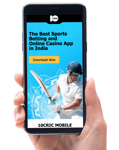 Hand holding mobile device showing 10CRIC mobile app page.