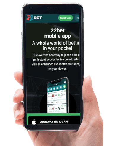 Hand holding mobile device showing 22bet mobile app page.