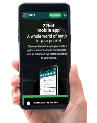 Hand holding mobile device showing 22bet mobile app page.