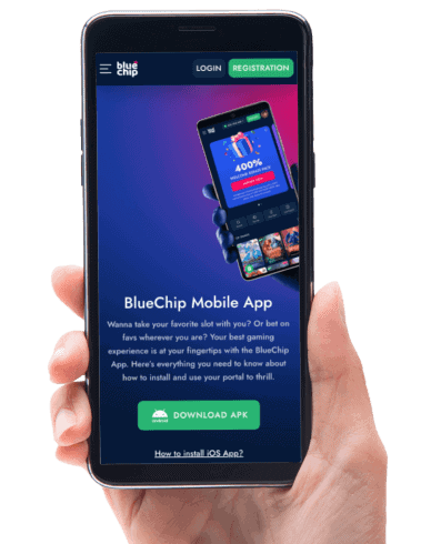 Hand holding mobile device showing BlueChip mobile app page.