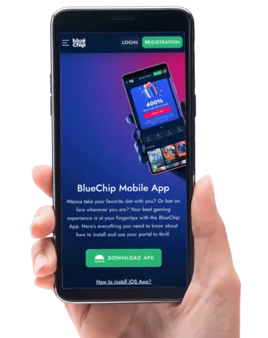 Hand holding mobile device showing BlueChip mobile app page.