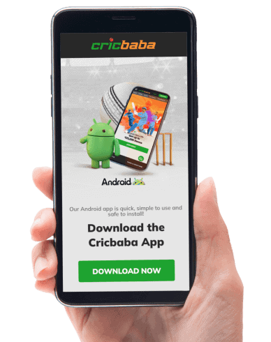 Hand holding mobile device showing Cricbaba mobile app page.