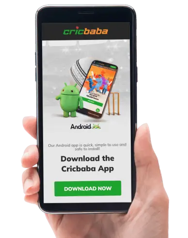 Hand holding mobile device showing Cricbaba mobile app page.