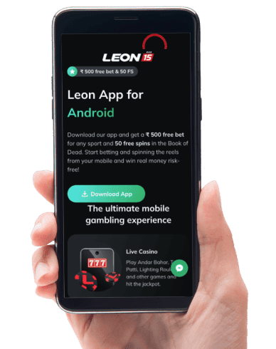 Hand holding mobile device showing Leon.bet mobile app page.