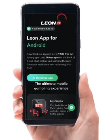 Hand holding mobile device showing Leon.bet mobile app page.