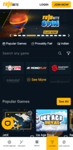 game lobby of rajabets shown in mobile view