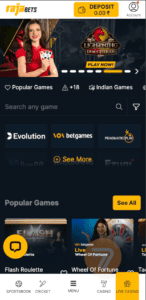 rajabets live casino lobby as viewed on a mobile device