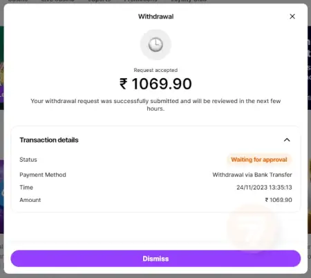 casino days cashier notification of accepted withdrawal request.