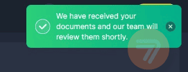 Bettilt pop-up message of accepted documentation.