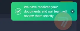 Bettilt pop-up message of accepted documentation.