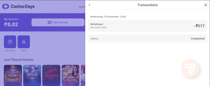 casino days withdrawal request notification