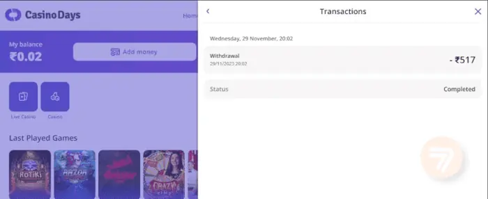 casino days withdrawal request notification