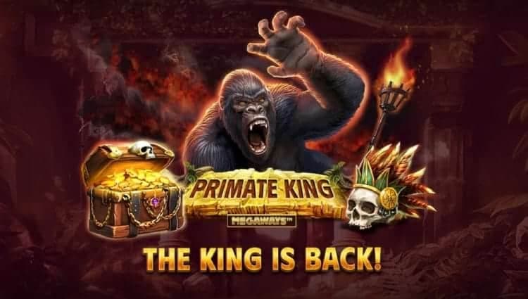 banner for the Primate King Megaways slot game showing the slot game logo plus the text "The king is back!"