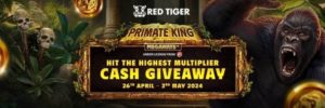 promotional banner logo for the red tiger cash giveaway promotion in the primate king slot game.