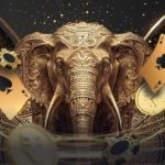 illustrated image of an elephant and golden playing cards on either side of it, against a black and. gold background.