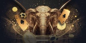 illustrated image of an elephant and golden playing cards on either side of it, against a black and. gold background.