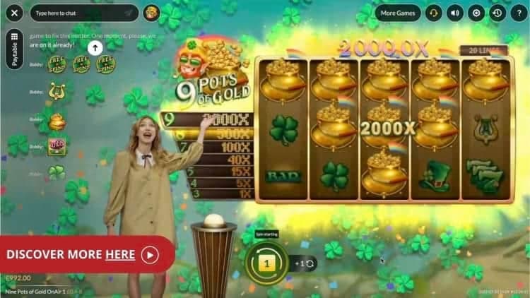 screenshot from the 9 Pots of Gold live slot game showing a 2000x win on the reels, and an excited game show host.