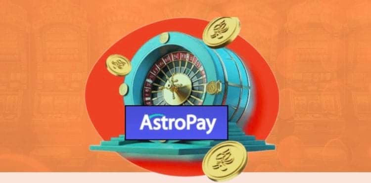 a roulette wheel against an orange and red background with coins flying around it. The AstroPay logo is in the front.