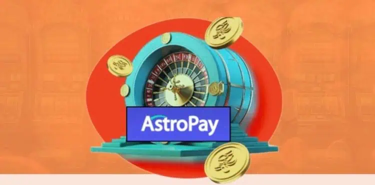 a roulette wheel against an orange and red background with coins flying around it. The AstroPay logo is in the front.